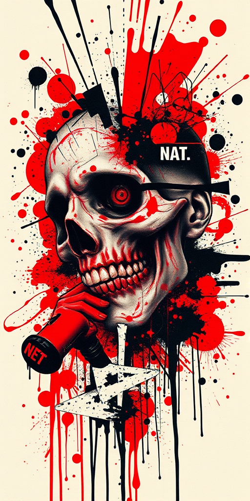 Trash polka tattoo named "Urban Chaos" blending bold red and black elements with photorealistic imagery abstract shapes text and splatters creating a dynamic and edgy composition reminiscent of street art