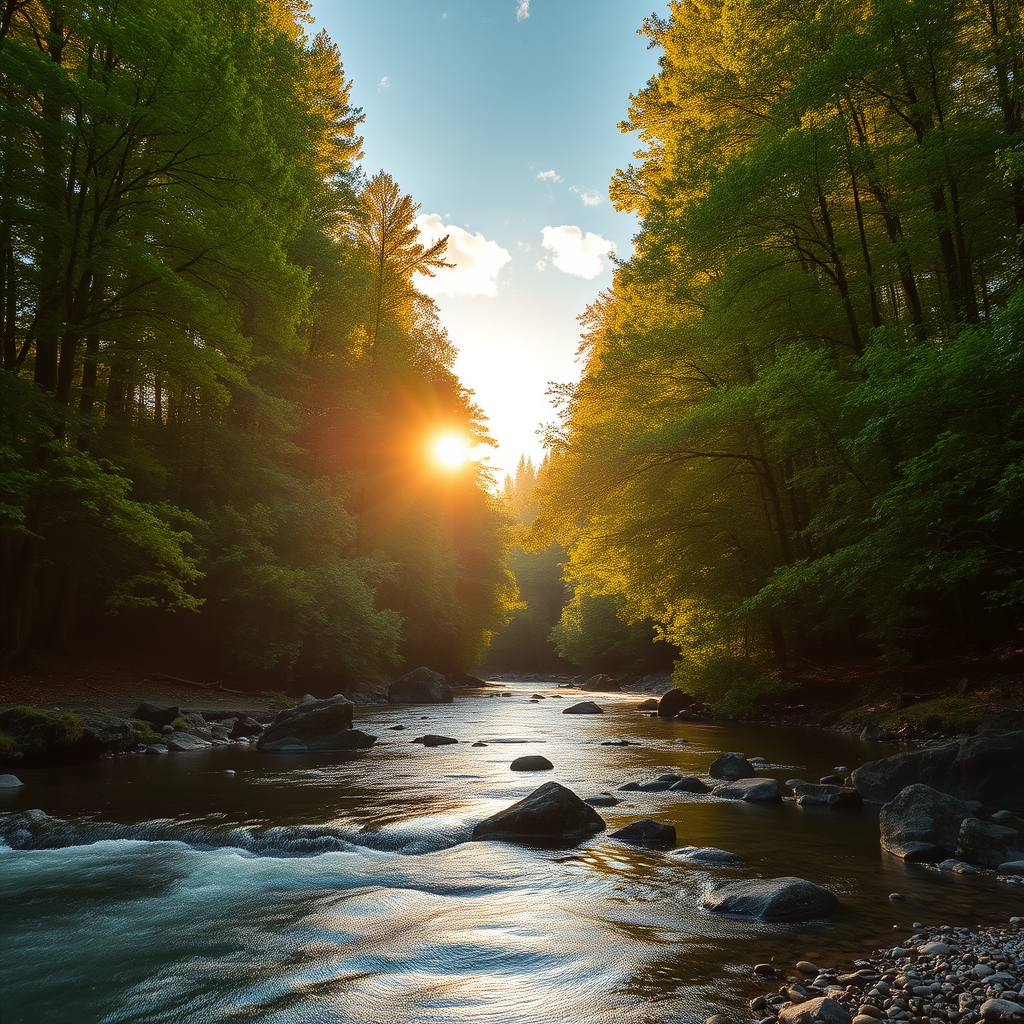 Create an image of a serene, sunlit forest scene with a clear, gently flowing river. Tall trees with lush green foliage line both sides of the river, their leaves bathed in the warm golden light of the setting or rising sun. The sunlight filters through the trees, casting soft, dappled light on the river, which flows over smooth rocks and pebbles, creating a peaceful, natural atmosphere. The sky is bright with a few scattered clouds, and the overall mood is tranquil, evoking a deep sense of connection with nature. The image captures the beauty of a calm, pristine forest landscape at either dawn or dusk.