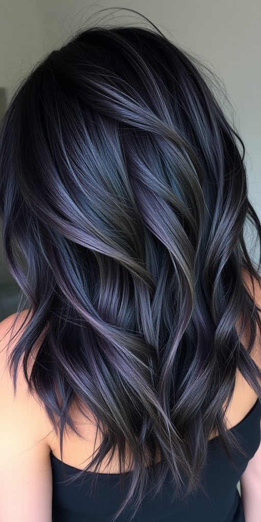 Smoky charcoal gray hair styled in edgy, textured layers with subtle purple lowlights, creating a mysterious and alluring "Twilight Haze" appearance