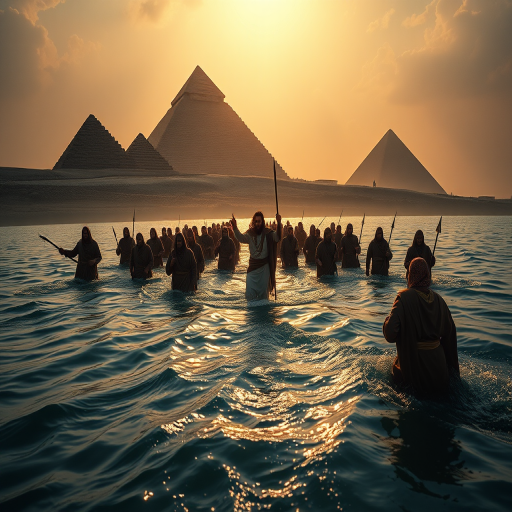 Generate an epic scene of a prophet leading a group of followers through parted waters, with pyramids in the background, illuminated by heavenly light, shot with a Canon EOS R5, 24mm lens, aperture f/8, ISO 100, and a dramatic low-angle perspective to enhance the grandeur and motion.
