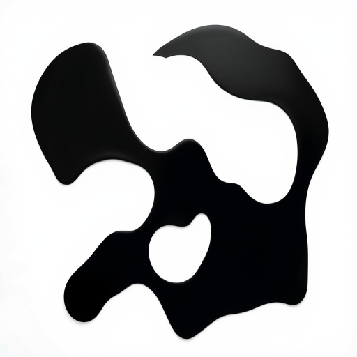 Generate an abstract black shape on a plain white background, using a DSLR camera with a 50mm lens, aperture set to f/1.8, ISO 200, and a slight vignette effect for contrast, capturing from a top-down view to enhance depth.