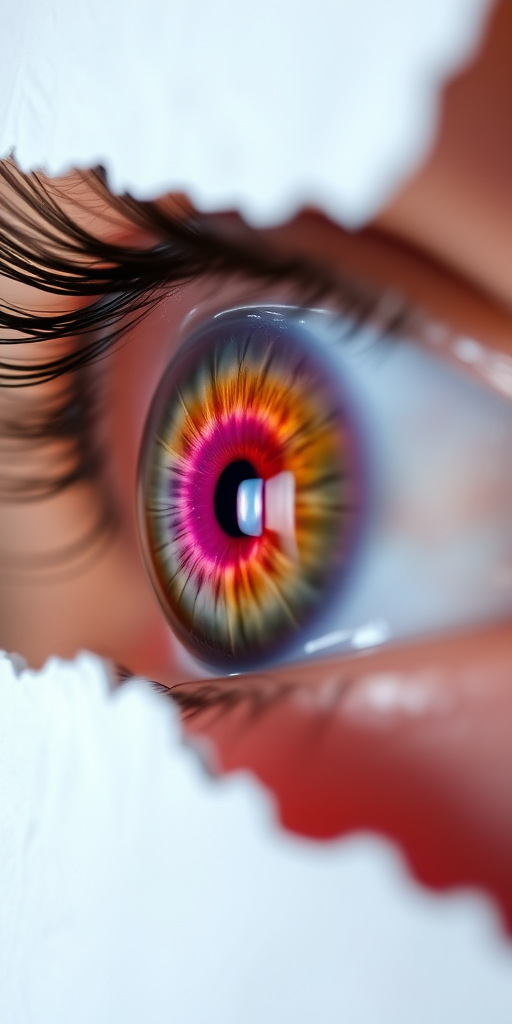 A close-up of a vividly colored eye with a shimmering pink iris peering through a torn piece of white paper, photographed with a DSLR camera at f/1.8 aperture, ISO 200, 50mm lens, natural lighting, shallow depth of field for enhanced detail and clarity.