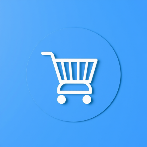Create a high-resolution image of a white shopping cart icon on a blue circular background, using a Canon EOS R5 with a 50mm lens at f/1.8, ISO 100, and natural lighting, emphasizing sharpness and a clean design.