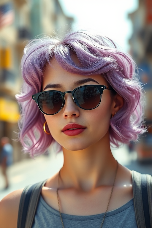 portrait of a young woman with wavy pastel purple hair wearing oval sunglasses, natural light, shallow depth of field, Canon EOS R5, 50mm f/1.2, ISO 100, aperture f/1.2, 1/200s, vibrant urban background