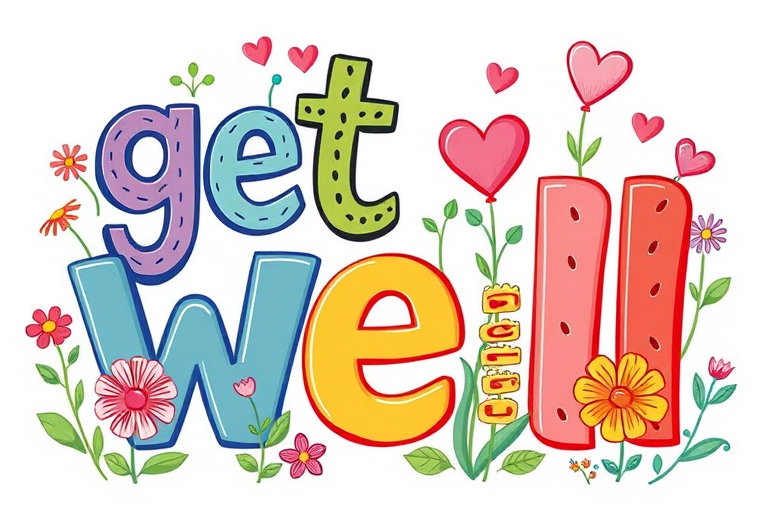 Create a colorful illustration that says "get well" with bold letters, incorporating flowers and hearts in a playful design, captured with a Canon EOS 5D Mark IV, 50mm lens, f/1.8, ISO 200, with a bright natural light setting to enhance colors and details.