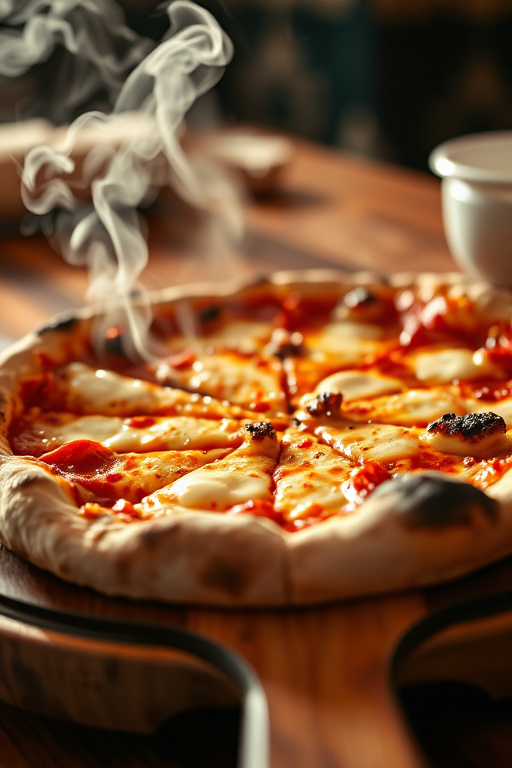 A freshly baked pizza steaming on a wooden platter, with melted mozzarella and a slightly charred crust, warm lighting, 50mm lens, f/2.8, ISO 100, shot from a low angle with soft focus on the background.