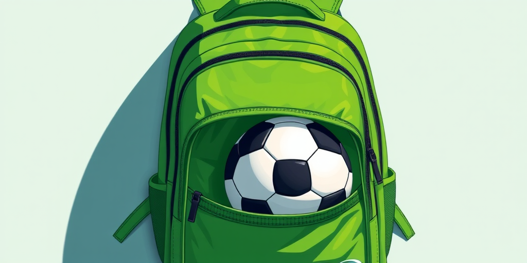 Create a high-resolution digital illustration of a green backpack with a soccer ball in the front pocket, using a top-down view, with a focus on vibrant colors and clean lines, shot with a DSLR camera at f/2.8 aperture, 50mm lens, in natural daylight.