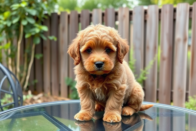 Generate an image of a fluffy brown puppy with curly fur sitting on a glass table outdoors surrounded by greenery and a wooden fence in the background. The puppy has a cute expression and is looking slightly to the side.