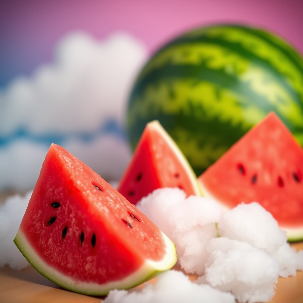create an image of stylized watermelon slices on a vibrant background with soft clouds, using a DSLR camera with a 50mm lens, aperture f/1.8, ISO 100, and a shallow depth of field to enhance color vibrancy and detail