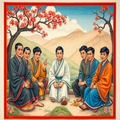 Create a vibrant, high-resolution image of traditional artwork depicting a group of nine young men seated in a serene landscape, captured with a DSLR camera, 50mm lens, f/2.8 aperture, ISO 100, natural light, and a shallow depth of field to focus on the intricate details of their clothing and expressions.