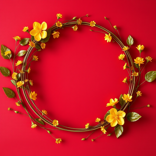Generate an image of an elegant circular frame adorned with golden flowers and leaves on a rich red background, using a Canon EOS R5 camera, 50mm lens, f/2.8 aperture, ISO 100, in soft natural lighting with a shallow depth of field to enhance details.