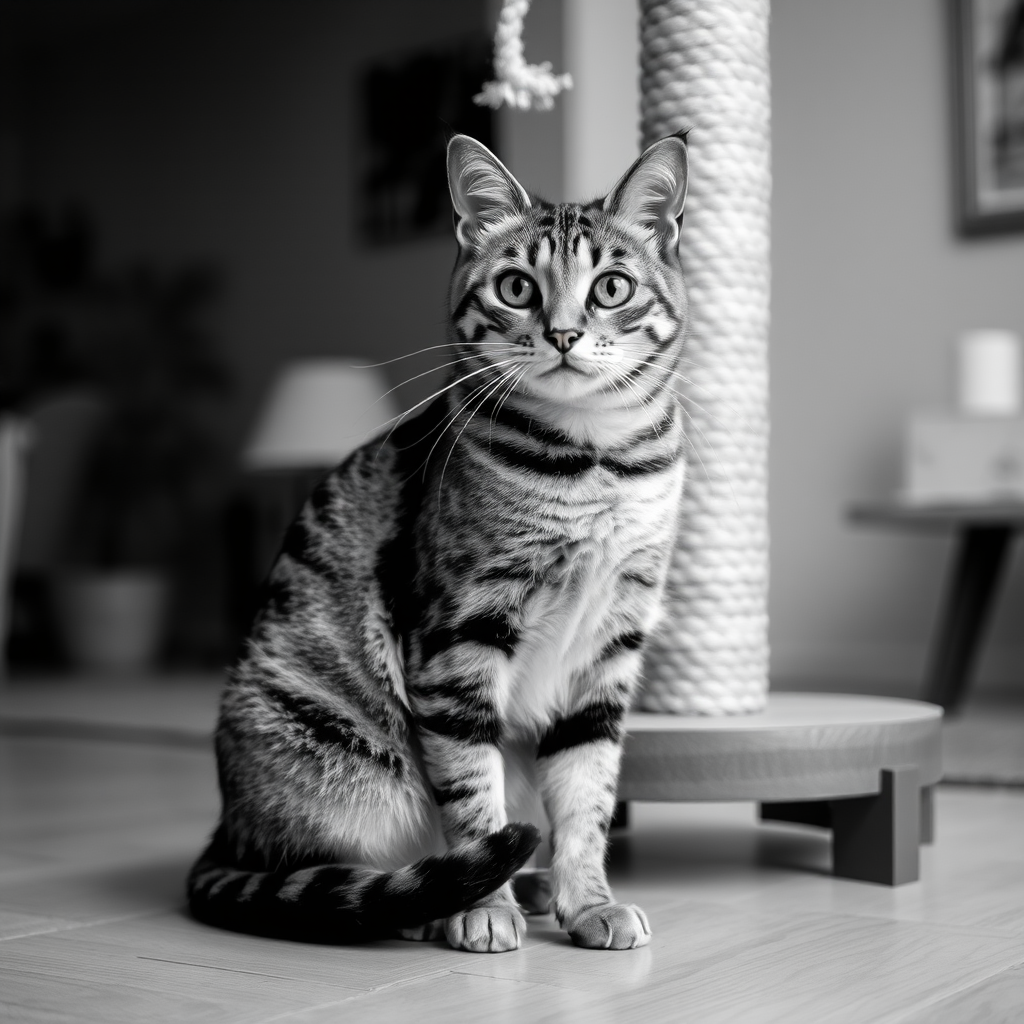 a black and white image of a tabby cat sitting on a wooden surface with a rope scratching post in the background and a blurred interior setting