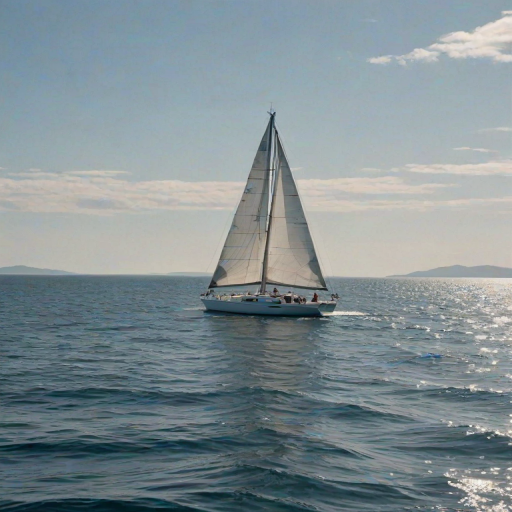 Sharp, detailed photo of a sailboat cutting through calm ocean waters, soft breeze filling the sails, distant islands barely visible on the horizon, the smell of saltwater in the air, and the sense of adventure.