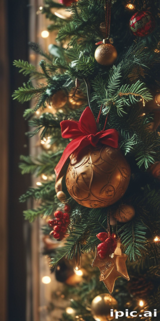 Festively Decorated Christmas Tree with Golden Ornaments and Red Bow