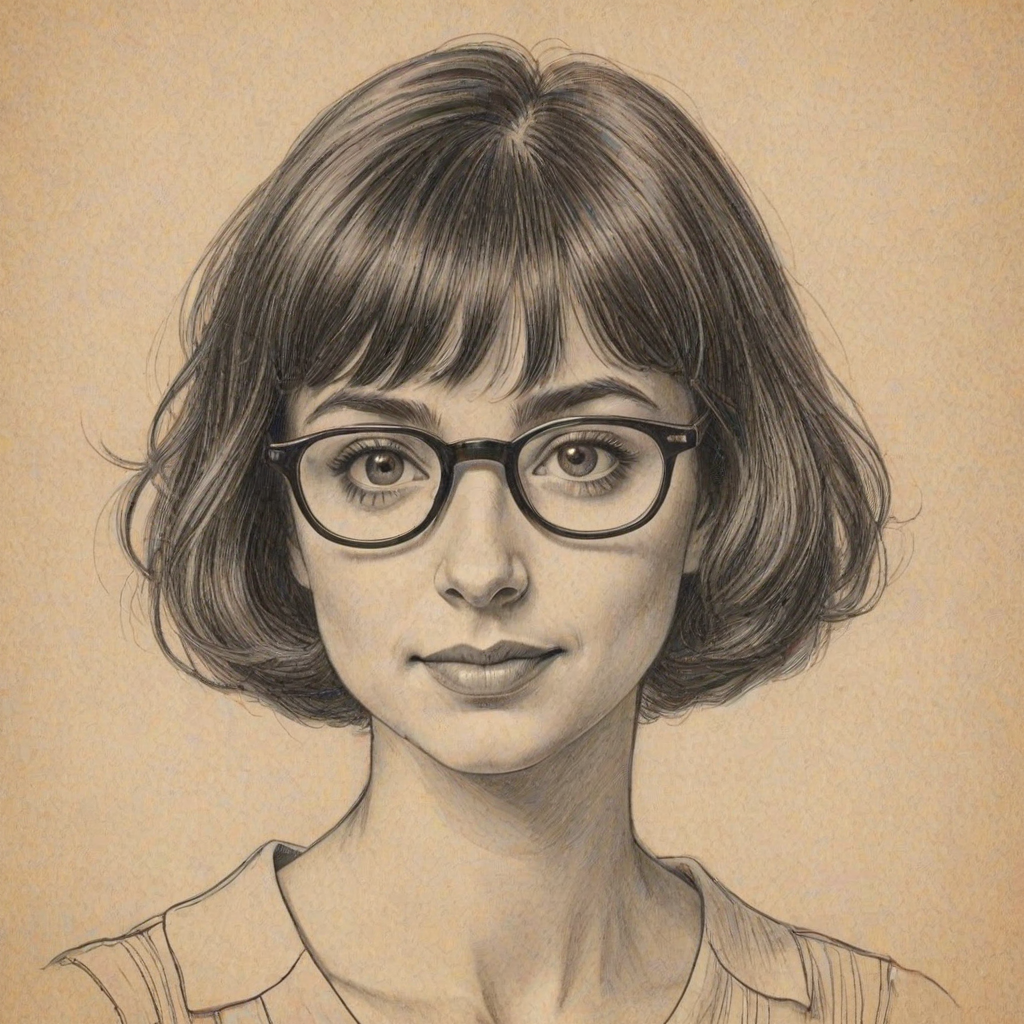 Magnificent Kate Micucci, pencil sketch, portrait of Delightful woman 1922s in glasses, hair style beatnik, outline, clear lines, fine lines, 8k
