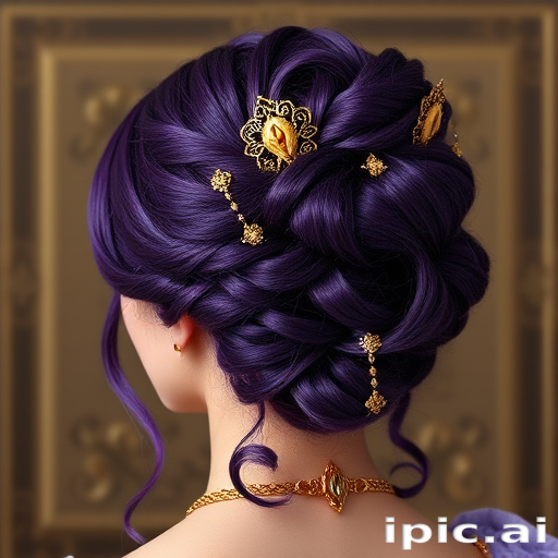 Regal amethyst purple hair styled in an elaborate renaissance-inspired updo with golden filigree accents, exuding majestic elegance named Royal Byzantium