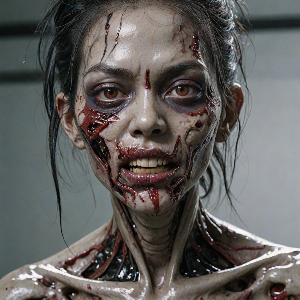 (perspective) of A creepy (ethnicity) zombie cyborg with (descriptive color) skin, (color) lipstick (color) liquid flowing from her eyes and mouth, (perspective two) portrait, (camera angle), extremely detailed, (art style) in the style of Yoshitaka Amano and Tetsuo Hara. --ar 85:128 --style raw --niji 6