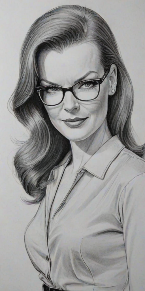 Ravishing Marcia Cross, pencil sketch, portrait of Sublime woman 1951s in glasses, hair style beatnik, outline, clear lines, fine lines, 8k