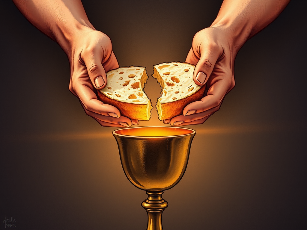 Create a high-resolution digital illustration of two hands holding a broken bread above a chalice, using a Canon EOS 5D Mark IV camera, with a 50mm lens, aperture f/2.8, ISO 200, and natural lighting to enhance colors and contrast.