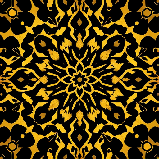 generate a high-resolution pattern of black and gold floral designs with hexagons and dots, DSLR camera, 50mm lens, f/2.8 aperture, ISO 100, top-down view, studio lighting, high dynamic range.