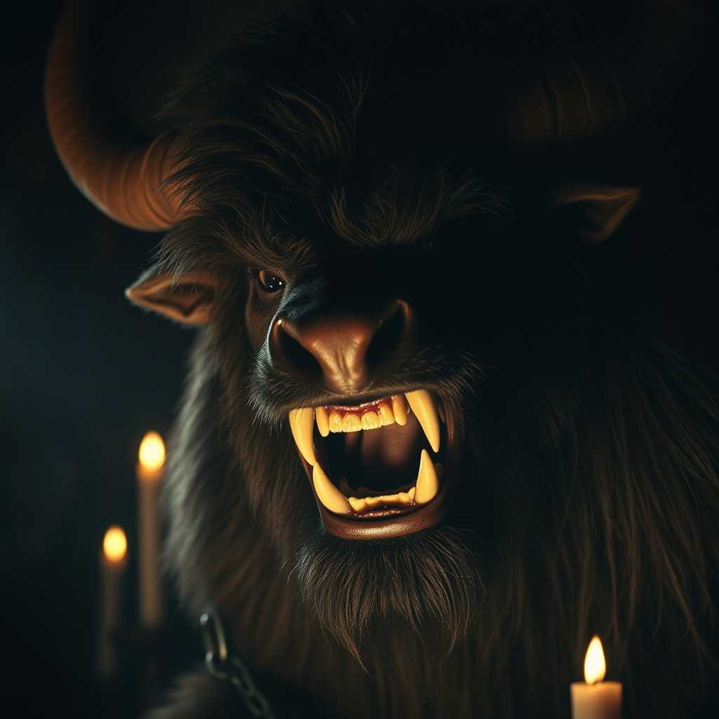 furry, close-up, minotaur, angry, yelling, teeth, chained, dungeon, dark, low light, candles, depth of field, highly detailed, high contrast, film grain, Rim Lighting, Rays of Shimmering Light