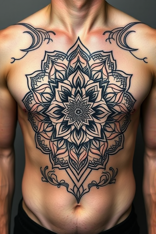 Intricate blackwork geometric mandala covering entire chest and abdomen, precise lines and symmetrical patterns creating hypnotic effect, stark contrast against skin