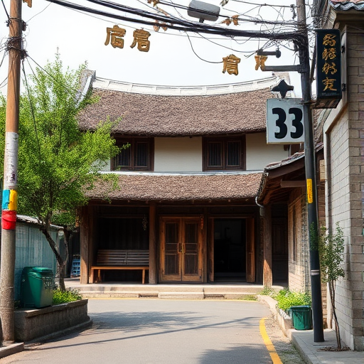 Capture a rustic street view of a traditional Korean house with thatched roof, surrounded by greenery and vintage decorations, using a DSLR camera at f/2.8, ISO 100, 1/200 sec, shot from a low angle to highlight the structure and details, in natural light for a warm, nostalgic atmosphere.