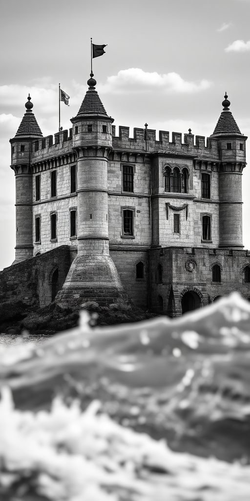 Regenerate a high-resolution black and white image of a historic castle by the sea with intricate architectural details, using a Canon EOS R5, 50mm lens, f/1.8, ISO 100, and a shallow depth of field to emphasize the texture of the stone and the waves in the foreground.