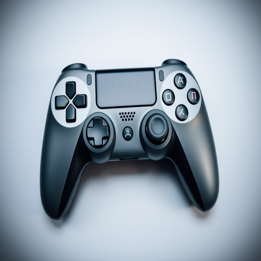 Create a high-resolution image of a gaming controller with a sleek design, using a DSLR camera, f/2.8 aperture, 50mm lens, ISO 100, with a slight top-down view and soft lighting to enhance details and textures.