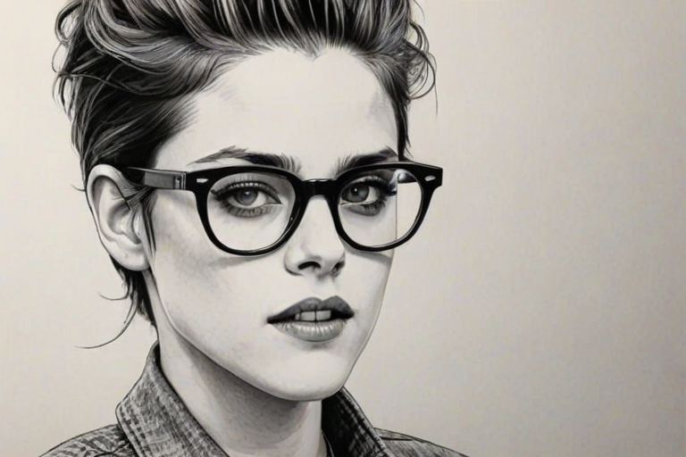 Stunning Kristen Stewart, pencil sketch, portrait of Magnificent woman 1960s in glasses, hair style beatnik, outline, clear lines, fine lines, 8k