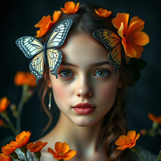 Portrait of a young woman with intricate butterfly hair accessories and floral elements, vibrant orange flowers in a rich, dark background, soft focus, 50mm lens, f/2.8 aperture, ISO 100, natural lighting, DSLR camera.