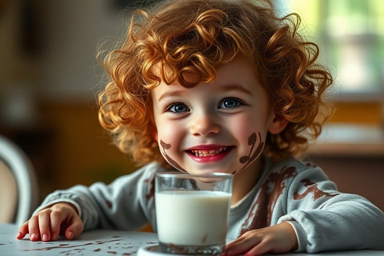 A cheerful child with curly reddish hair, covered in chocolate and milk, sitting at a table with a glass of milk, soft natural lighting, 50mm lens, f/1.8 aperture, ISO 200, shallow depth of field, captured from eye level with a Canon EOS R5.