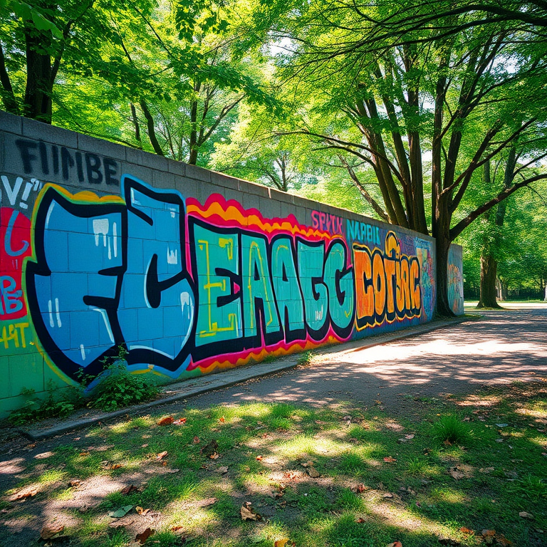 Generate a vibrant street art scene featuring a colorful graffiti wall in a park with lush greenery, using a DSLR camera with a 35mm lens set to f/4, ISO 200, shutter speed 1/160s, capturing a wide-angle view with natural lighting for enhanced detail and clarity.