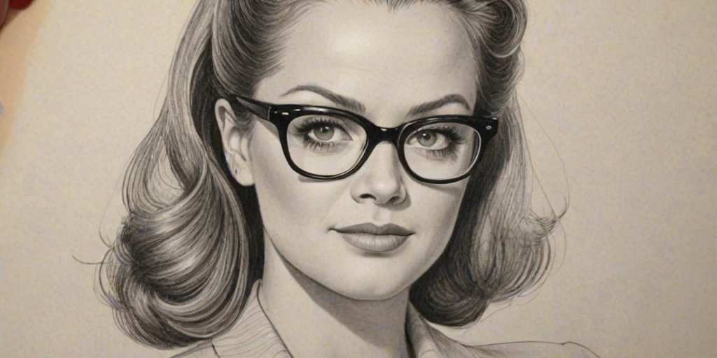 Bewitching Kelsey Grammer, pencil sketch, portrait of Beauteous woman 1949s in glasses, hair style beatnik, outline, clear lines, fine lines, 8k