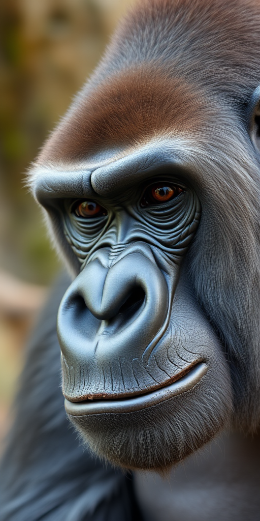 regenerate a close-up portrait of a gorilla with sharp focus on facial details and textures, using a DSLR camera with a 50mm lens, aperture f/2.8, ISO 200, natural light, and a shallow depth of field for a blurred background.