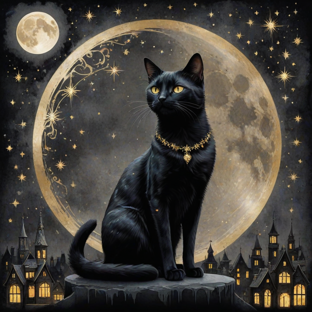a stylized black cat with iridescent golden arabesques all over its body, on a grungy smoky black background with matching celestial designs, a full moon with silhouettes of lit houses, bright shooting stars, dazzling, magical BG, reminiscent of Christmas wonderland
