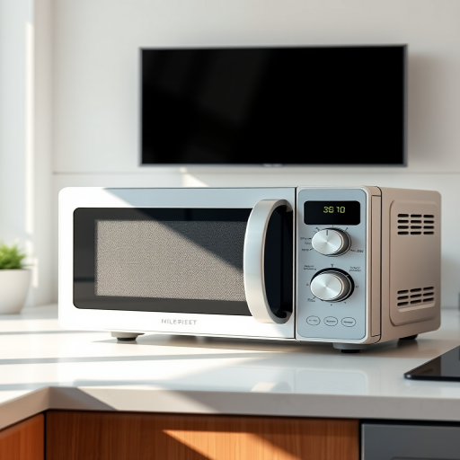 Create a high-resolution illustration of a modern microwave on a clean kitchen countertop, using a DSLR camera with a 50mm lens, aperture set to f/2.8 for shallow depth of field, shooting from a slightly elevated angle to showcase the front and side of the microwave, in bright natural lighting to enhance details and textures.