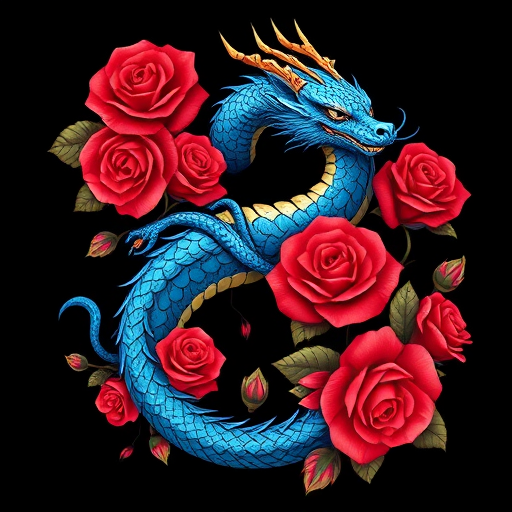 Create a vibrant illustration of a blue dragon entwined with red roses against a black background, using a DSLR camera with a 50mm lens, aperture set at f/2.8, ISO 100, and a slight vignette effect for depth.