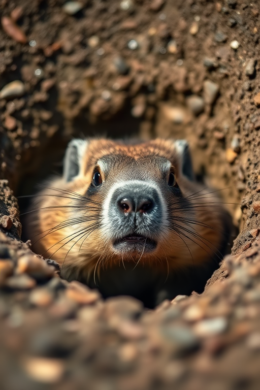 Close-up of a marmot emerging from its burrow, natural lighting, 85mm f/1.8 lens, shallow depth of field, ISO 200, aperture f/2.8, DSLR camera, macro photography style.