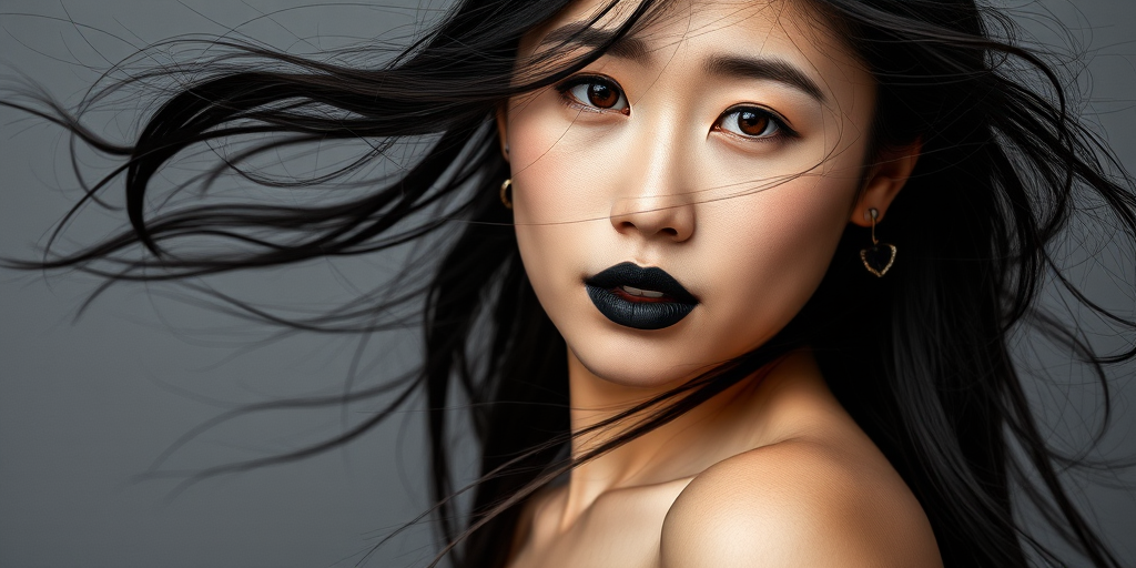 Photographic image of a beautiful young Ainu woman, brown eyes, lips with black lipstick, long hair fluttering in the wind and wearing a silk strapless dress with a soft purple and orange print. monochrome image with only color highlights in the iris of the eyes, lipstick and dress. Gray background.