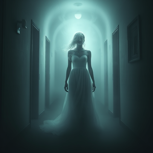create an ethereal, ghostly figure of a woman in a flowing white dress standing in a dimly lit corridor, with a spectral glow and an air of mystery surrounding her