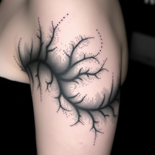 Stipple shading tattoo titled "Whispers in Shadow" using thousands of tiny dots to create intricate gradients and textures in monochromatic black ink for a subtle yet detailed effect