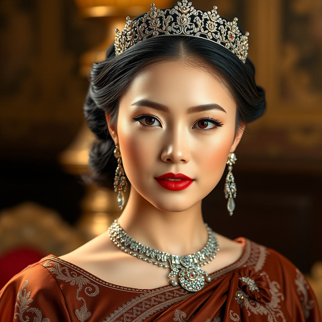 A gorgeous Hmong woman in a luxurious brown gown, accessorized with a dazzling tiara and statement earrings, her deep red eyes highlighted by impeccable makeup, poised in a royal setting, photorealistic, 8K quality