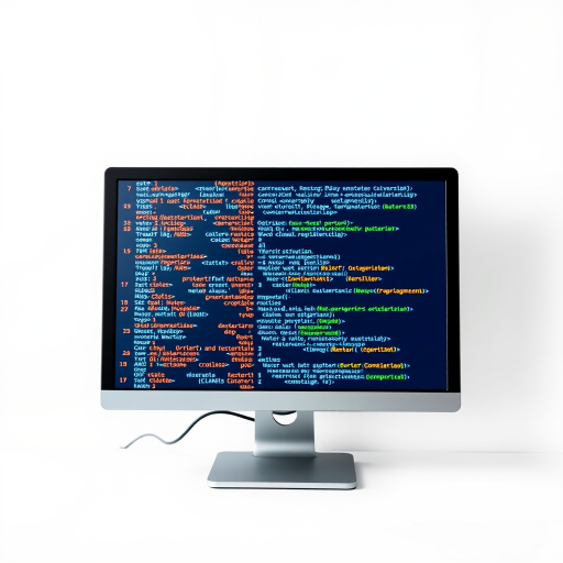 Create a vibrant graphic of a computer monitor displaying colorful code segments in blue, orange, and gray on a clean white background, captured in high resolution with a DSLR camera, 50mm lens, f/1.8 aperture, ISO 200, natural lighting for clarity and detail.