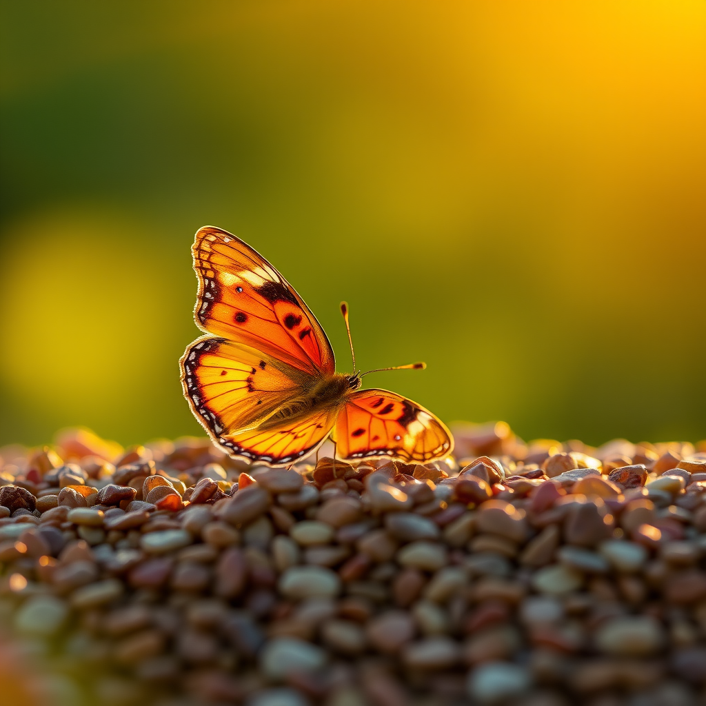 A vibrant orange and yellow butterfly with black markings is perched on a bed of small, brown pebbles in the warm, golden light of a setting sun. The butterfly is facing the viewer with its wings slightly raised, creating a sense of delicate movement. The background is a soft, blurred green and yellow, creating a gentle, natural atmosphere. The image is captured in a close-up perspective, focusing on the butterfly's intricate details and the warm glow of the sunlight.