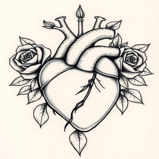 Vintage etching-style tattoo showcasing a detailed anatomical heart intertwined with blooming roses, rendered in fine line work and subtle shading for a timeless monochromatic piece