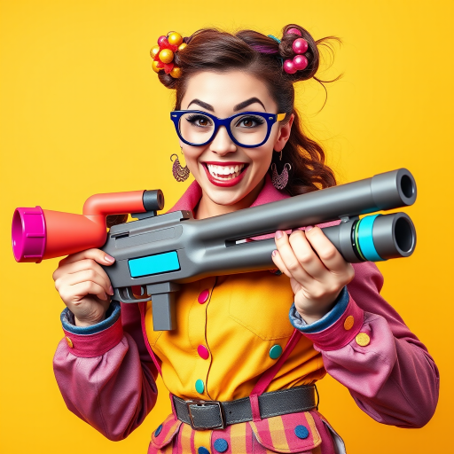 A playful woman holds a bazooka with a mischievous grin, her pose exaggerated and cartoonish. She’s dressed in a colorful, quirky outfit with oversized accessories, giving her a whimsical and fun appearance. The bazooka, although large, is designed in a cute, almost toy-like style, adding to the humorous and lighthearted vibe of the scene. The background is bright and cheerful, enhancing the overall playful atmosphere.
We share ALL our prompts in the Bing Image Prompts group: