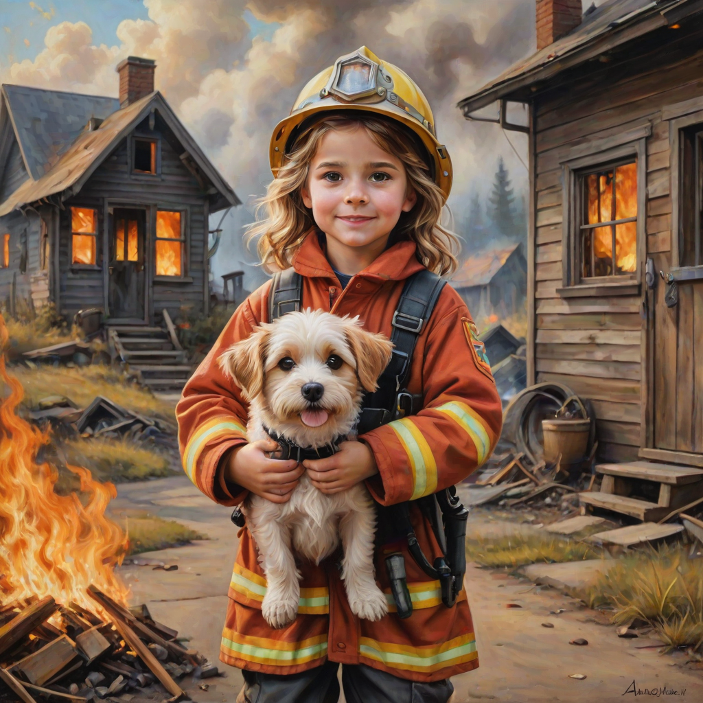 airbrushed oil painting, pixar style, cute little girl in fireman gear, helmet, tousled hair, expressive eyes, standing in the doorstep of a cottage burning behind him, holding a cute little dog in her arm, atumn sky