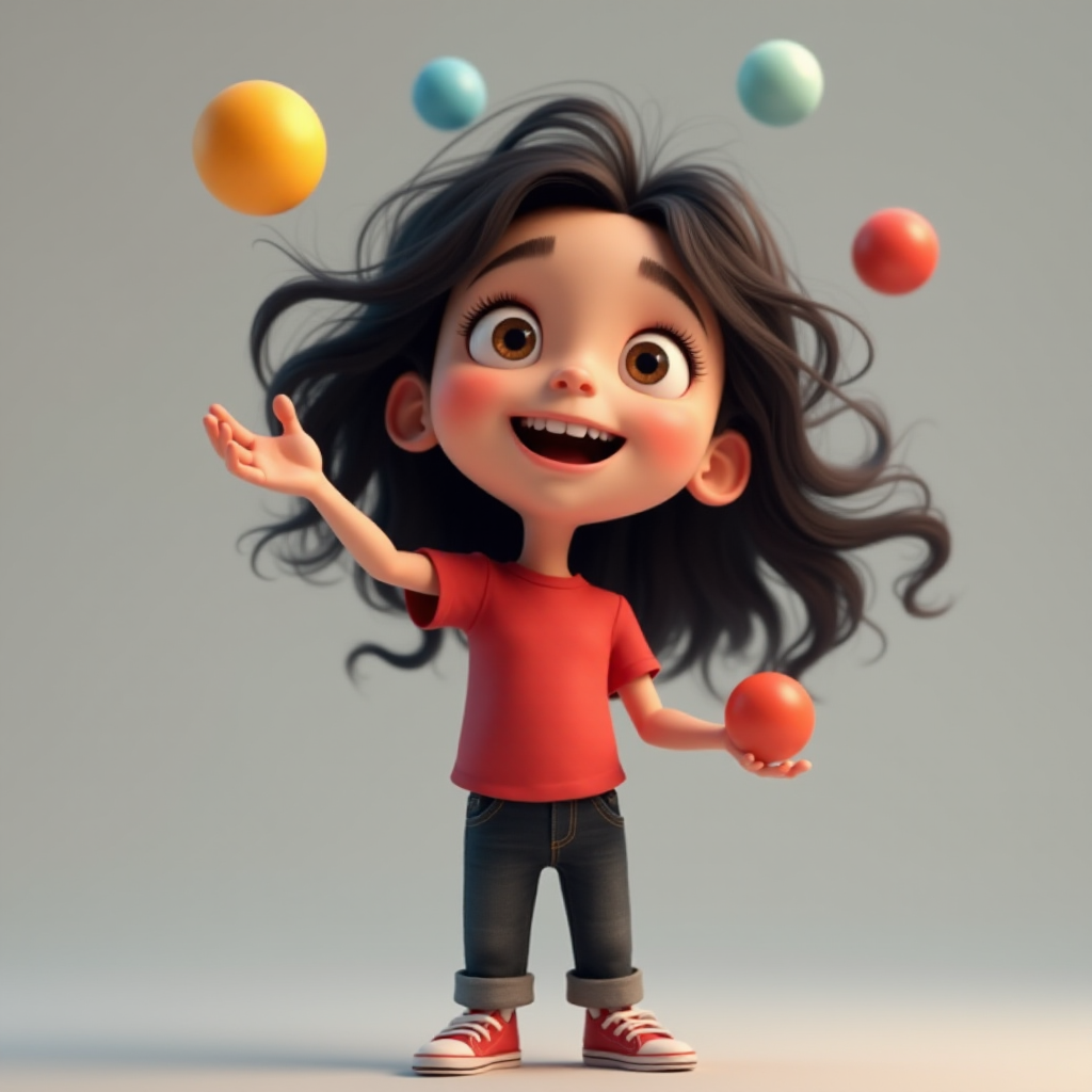 A 3D animated 6-year-old girl with long messy dark hair, joyfully She is juggling balls with her hand. , wearing a red t-shirt and black jeans, set against a gray background.