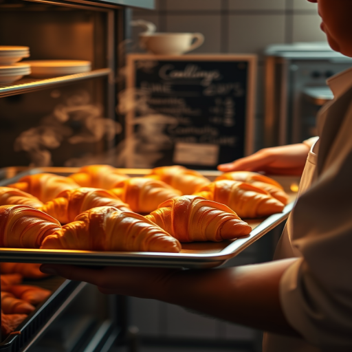 Warm, softly lit image of a baker pulling a tray of freshly baked croissants from the oven, soft steam rising from the golden pastries, with a small chalkboard menu visible in the background.